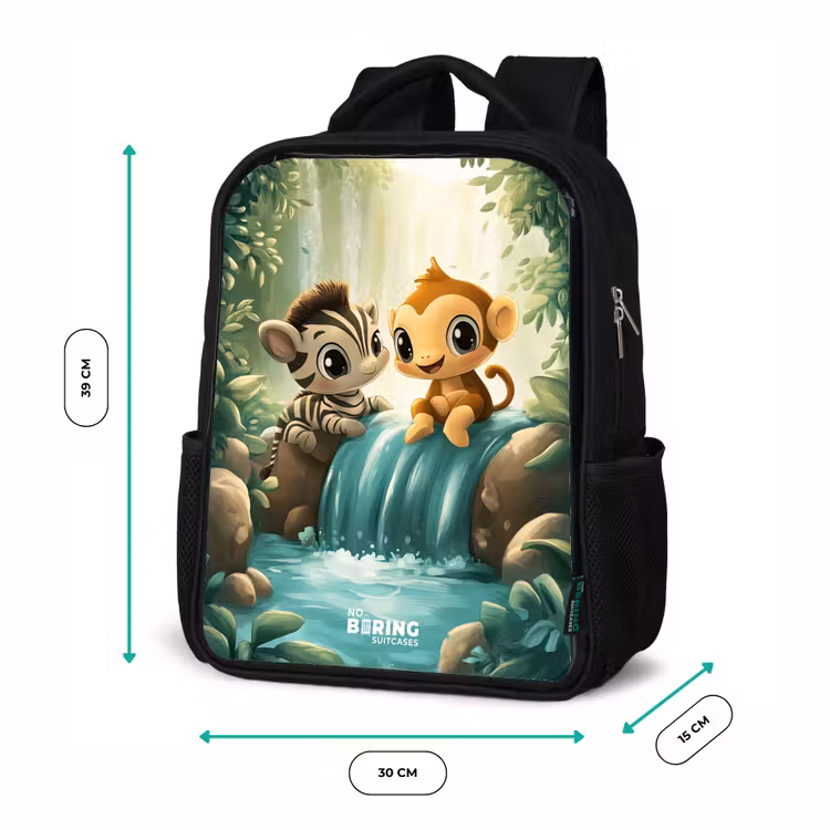 Kinderrucksack - Schwarz - Zebra - Affe - Wasserfall - Felsen — 6