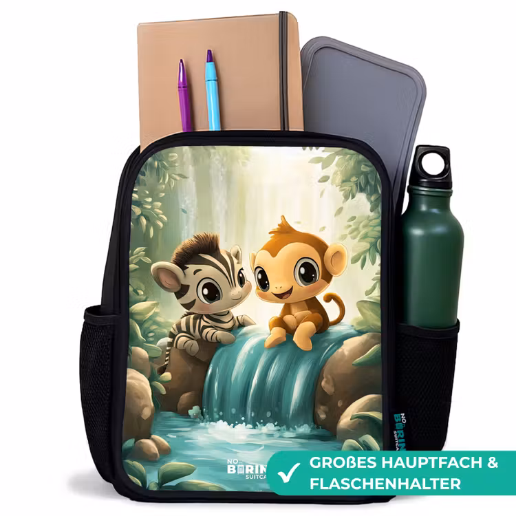 Kinderrucksack - Schwarz - Zebra - Affe - Wasserfall - Felsen — 8