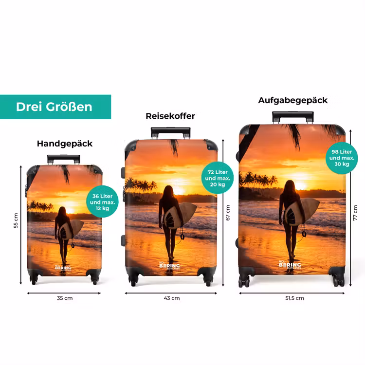 Koffer - Frau – Surfbrett – Strand – Sonnenuntergang – Orange — 3