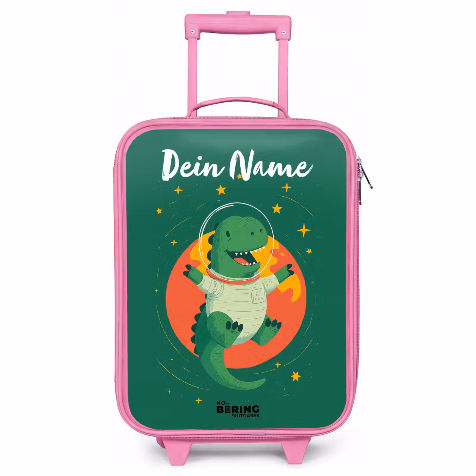 Kinderkoffer Rosa mit Name - Dino - Planet - Sterne - Grün — 1