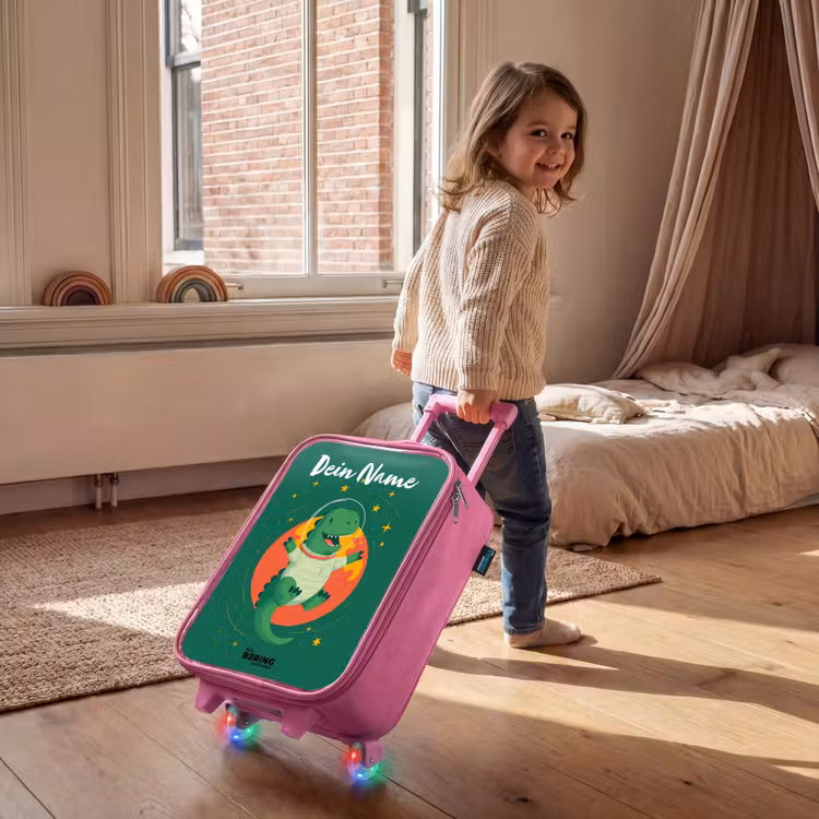 Kinderkoffer Rosa mit Name - Dino - Planet - Sterne - Grün — 2